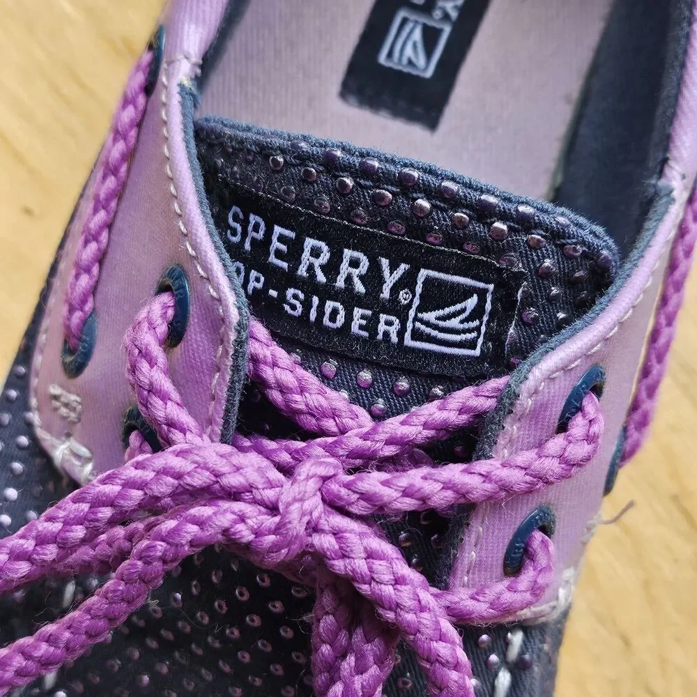 Sperry Girls Top-Sider Bahama Navy/Purple Dot Us 2.0M boat Shoes preppy slip-on